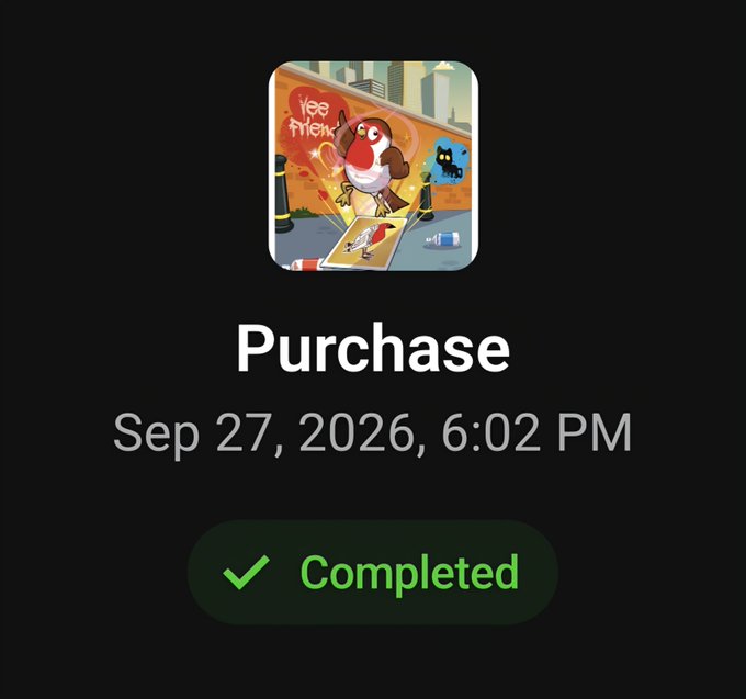 A mobile screenshot showing a completed purchase of the app 'lee friends' dated Sep 27, 2026, at 6:02 PM.