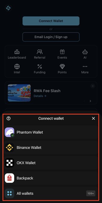 A mobile app interface displays a "Connect wallet" modal featuring options including Phantom Wallet, Binance Wallet, OKX Wallet, and Backpack, along with an "All wallets" option showing "120+." This illustrates the expanded mobile wallet support, with the post highlighting the newly added Binance Wallet, OKX Wallet, Backpack, and other popular Solana wallets.