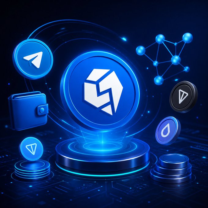 A 3D graphic representing the crypto ecosystem, featuring a central glowing platform with a logo resembling Polygon (MATIC), surrounded by floating cryptocurrency coin icons (Telegram, TON, Sui), a wallet, and coins.