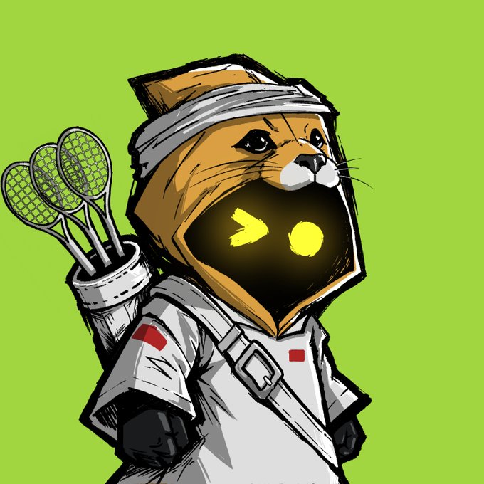An illustrated anthropomorphic fox character wearing a white headband and outfit, carrying a quiver of badminton rackets, with a yellow glowing dot and arrow design on its face—evoking a sporty, martial-arts mascot vibe that aligns with the post celebrating the $HOOJA community partnership and mint day.
