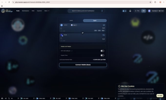 A screenshot of the R2.fi Messina Exchange Pools interface where USDC and RWA tokens are being swapped at base price, with trade settings showing P2P-CEX fallback toggle and an estimated market rate of ~0.0010 USDC per RWA.