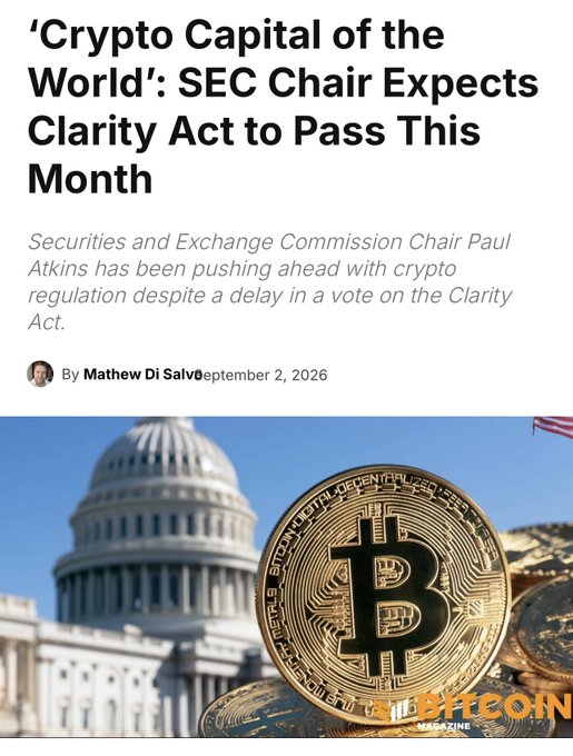 A Bitcoin Magazine article headlined ''Crypto Capital of the World': SEC Chair Expects Clarity Act to Pass This Month' by Mathew Di Salvo, dated September 2, 2026, featuring an image of the U.S. Capitol alongside physical Bitcoin tokens.