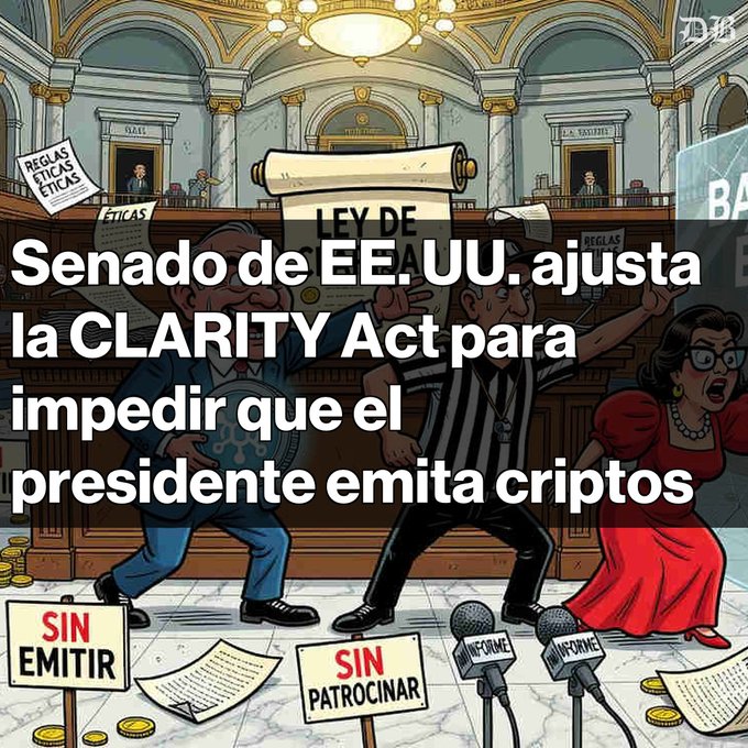 A cartoon illustration from DIB (Spanish) showing a U.S. Senate scene with the headline 'Senado de EE.UU. ajusta la CLARITY Act para impedir que el presidente emita criptos,' featuring signs reading 'LEY DE,' 'SIN EMITIR,' and 'SIN PATROCINAR.'