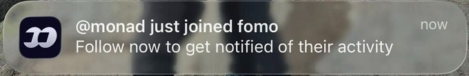 A notification banner reads '@monad just joined fomo / Follow now to get notified of their activity'.