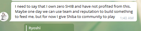 A text message screenshot from Ryoshi stating they own zero SHIB and have not profited from it, offering Shiba to the community to play with.