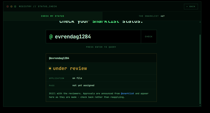 A screenshot of a registration status check page showing the username '@evrendag1284' with the status 'under review' and 'application on file, pass not yet assigned'.