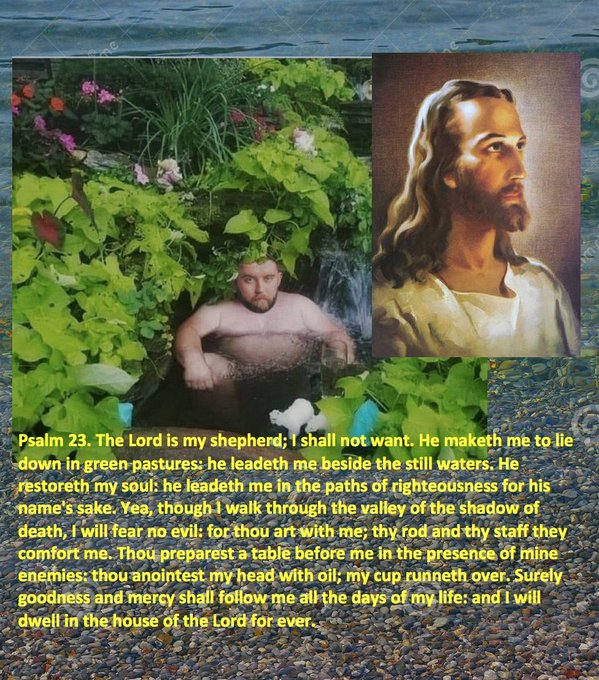 A man relaxes in a lush outdoor tub beside an image of Jesus, with Psalm 23 printed below: “The Lord is my shepherd; I shall not want…” The post’s joke imagines endlessly cycling between “majors and onchain” until everyone becomes hilariously rich, echoing the fantasy of eternal abundance and good deeds.