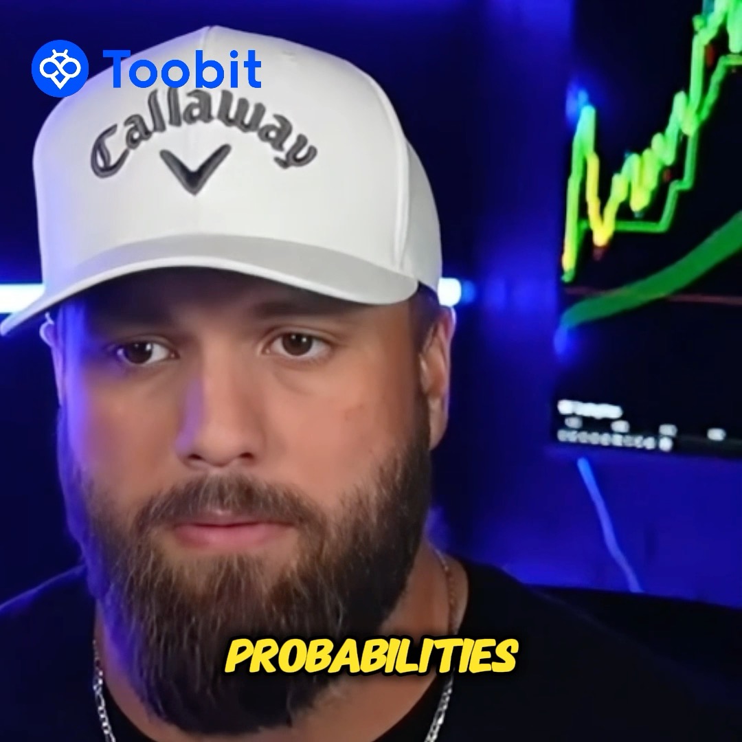 A bearded man wearing a white Callaway cap looks directly at the camera, with a green upward-trending chart and the "Toobit" logo visible in the background, accompanied by the text "PROBABILITIES" at the bottom. The image aligns with the post's message about technical analysis focusing on weighing scenarios rather than predicting the future, emphasizing a probability-based approach to crypto trading.