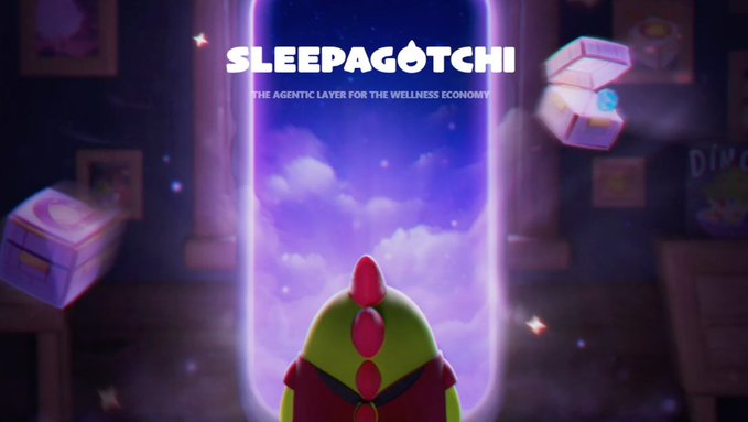 Promotional artwork for 'SLEEPAGOTCHI - THE AGENTIC LAYER FOR THE WELLNESS ECONOMY' showing a green character looking into a purple portal.