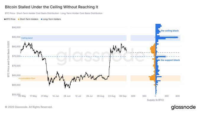 This Glassnode chart, titled "Bitcoin Stalled Under the Ceiling Without Reaching It," displays BTC price action from May to September alongside short-term and long-term holder cost basis distributions. The price line shows Bitcoin trading around $75,000 (marked with a dashed line), failing to break through the highlighted "Ceiling Band" between $83,000–$85,000, while resting above the "Support Block" at $75,000 and well above the "Accumulation Floor" near $60,000–$65,000. The right-side distribution histograms reveal heavy long-term holder supply concentration (blue) clustered at the $83,000–$85,000 ceiling, visually confirming the heavy resistance referenced in the accompanying post, while another concentration of long-term holder supply sits near the $75,000 support level. This concentration of long-term holder cost basis directly illustrates why Glassnode warns of resistance at $83K–$85K and why a breakdown below $75K