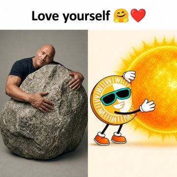 The image features a split design with Dwayne "The Rock" Johnson hugging a large boulder on the left and a cartoon sunshine character wearing sunglasses and orange shoes on the right, topped with the text "Love yourself 😊❤️." 

The meme humorously contrasts the exhausting, rock-clinging effort of TRON's aggressive 51st SUN token burn with the carefree, sunny high-yield returns of its DeFi ecosystem, using "Love yourself" as a reminder to invest wisely.