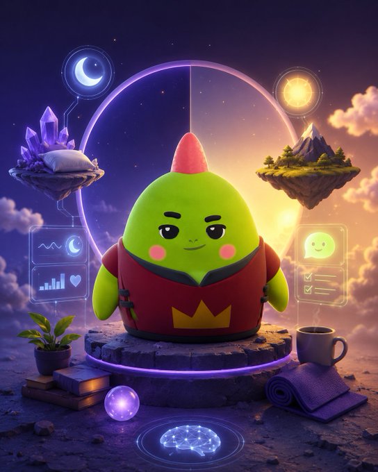 A 3D-rendered green, cone-shaped character wearing a red robe sits on a floating stone platform, surrounded by floating islands, holographic UI panels, and a cosmic background.