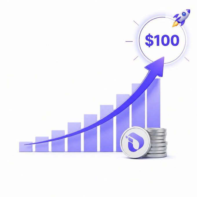 A 3D graphic illustration showing a rising purple bar chart with a curved upward arrow pointing to a circle labeled '$100' accompanied by a small rocket ship, with a stack of silver coins bearing a logo in the foreground.