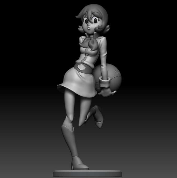 A 3D rendered grayscale model of an anime-style girl with a ponytail, wearing a sailor-style school uniform with a skirt, holding a ball, posed in a mid-step stance on a circular base