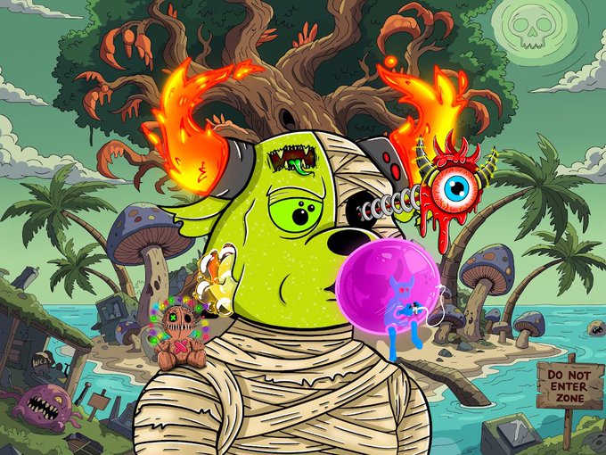 An illustration depicts a green, mummy-wrapped creature with a third eye and flaming orange hair blowing a pink bubble, set against a tropical beach backdrop with a 'DO NOT ENTER ZONE' sign.