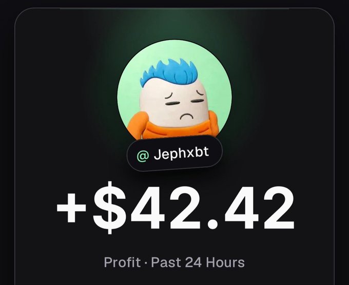 A cartoon avatar with blue hair and the username "@Jephxbt" is displayed above a profit figure of "+$42.42" from the past 24 hours, visually summarizing the poster's recent trading gains despite their humorous self-deprecating tone about being the one others have been trading against.