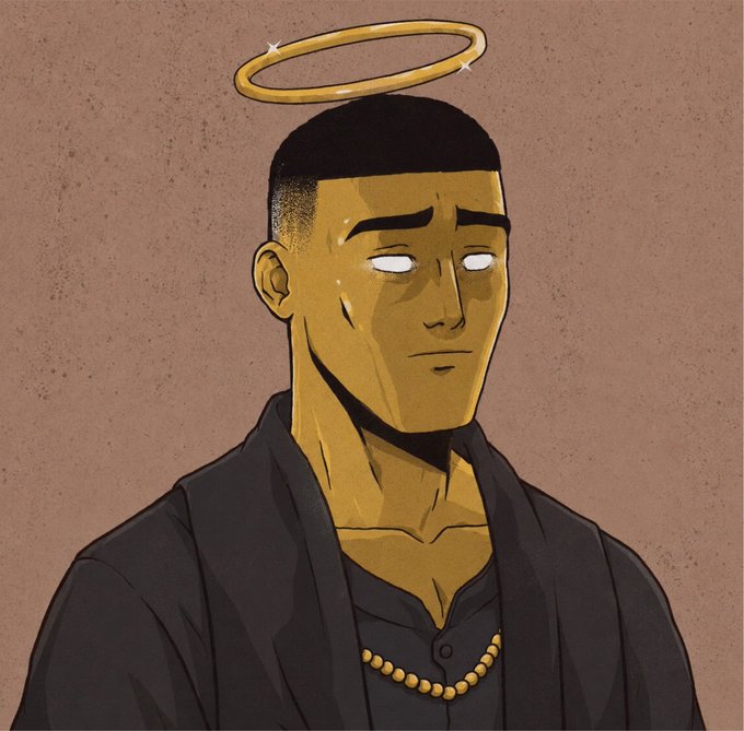 An illustrated anime-style man with a golden halo above his head gazes off thoughtfully, wearing a black shirt and gold beaded necklace. The image's solemn, reverent tone—evoking a devoted "saint" or worshipper—pairs perfectly with the post's expression of unwavering loyalty to the $INJ crypto project, suggesting its follower would remain faithful even unto death.