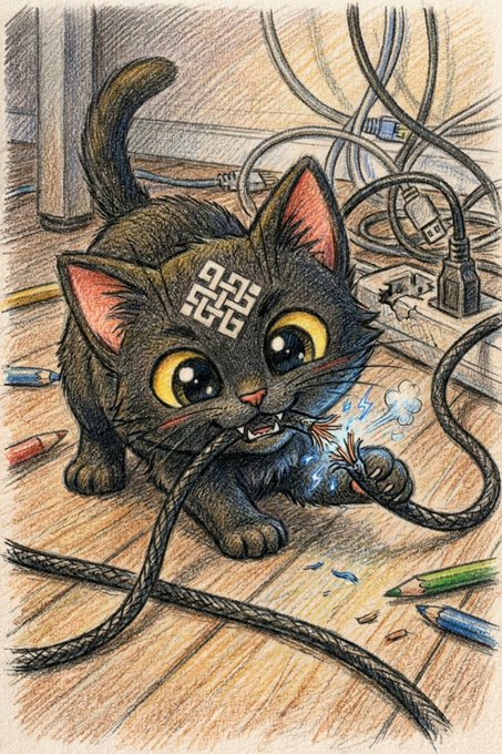 A colored pencil illustration of a black kitten with large yellow eyes and a symbol on its forehead, chewing on an electrical cable amid scattered pencils on a wooden floor.