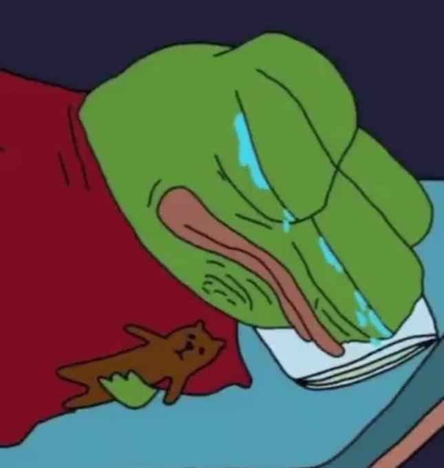 A large green, teary-eyed hand is shown clutching a pillow with a small brown dog lying on a red blanket beside it. The image serves as a meme expressing sadness, perfectly capturing the disappointment of the crypto community over the US Senate's delay in voting on the Crypto Clarity Act before the August recess.