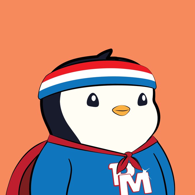 The image features a cartoon penguin wearing a blue shirt, red scarf, and a headband with white stripes. The penguin has a big smile on its face and appears to be posing for the camera. The background of the image is orange, which contrasts nicely with the penguin's blue outfit. There are no other objects or text in the image besides the penguin itself.