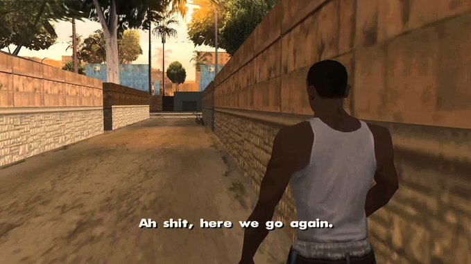 The image shows a man walking down an alleyway, wearing a white tank top and black pants. The caption of the image reads "ah shit here we go again." This phrase seems to be related to the game they are playing or the situation depicted in the image.