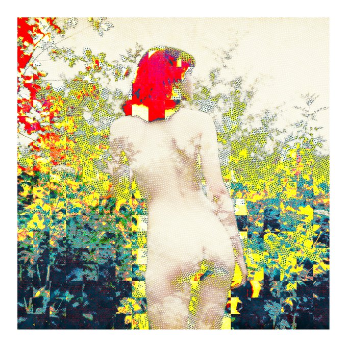A stylized, pop-art style image featuring a nude female figure with vibrant red hair viewed from behind, surrounded by halftone-dotted foliage in yellow, green, and blue hues.