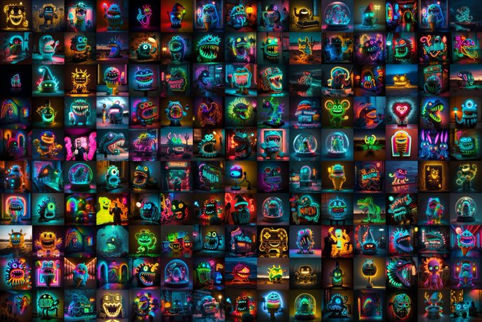 A grid collage displaying numerous small, colorful, neon-style monster and creature illustrations with various teeth, eyes, and glowing elements.