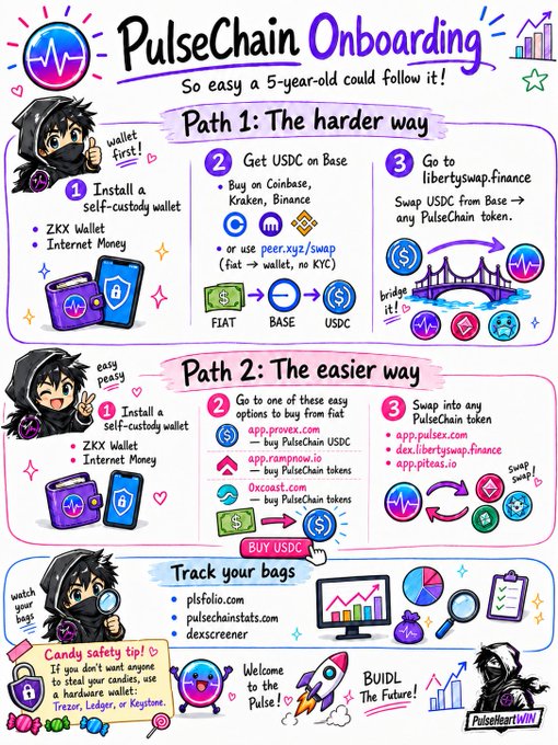 The image displays a flowchart or infographic that outlines the process of joining the Pulse Chain. The title, "PulseChain Onboarding," indicates the main focus for this step-by-step guide. The steps involve three distinct paths: "path 1" (installing), "path 2" (the harder way), and "path 3" (building an application). Each path has its own set of instructions or illustrations to help users navigate through the onboarding process smoothly. This visual representation aims to provide clarity, guidance, and simplicity for those interested in joining the Pulse Chain community onboarding process.