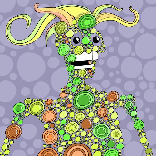 A digital illustration of a green, circular-patterned creature with yellow tendrils, big eyes, and a smiling face on a purple bubble background.