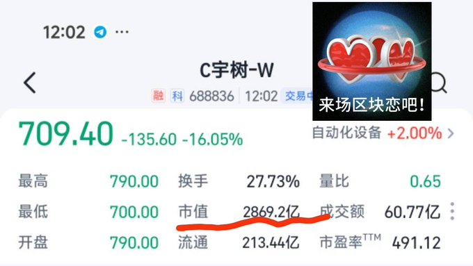 Stock chart for C宇树-W showing a price of 709.40, down 135.60 (-16.05%), with a market cap of 2869.2亿 highlighted in red, and an overlay promoting '来场区块恋吧!' (automation equipment +2.00%).
