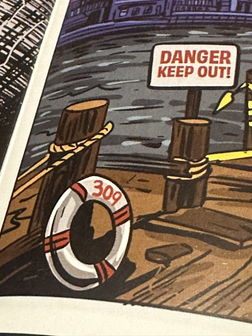An illustration from a comic book or children's book depicting a wooden dock scene with a life preserver ring marked '309' and a sign reading 'DANGER KEEP OUT!'.