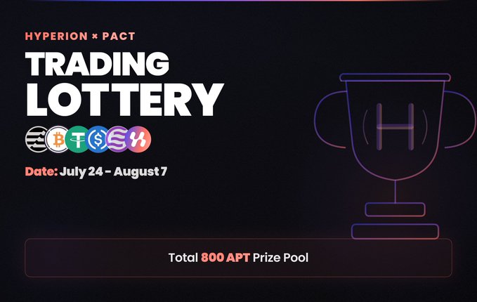 An advertisement for 'HYPERION x PACT TRADING LOTTERY' running from July 24 - August 7, displaying cryptocurrency icons and a total prize pool of '800 APT' next to a neon trophy graphic.