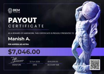The image features a certificate of payment for work done by Manish A., which has been approved. The certificate contains details such as the payment amount of $7,046 Arun Srisawat or $5,140 Buğra Kaan Gönenç or $870 Hasan Asaf or $734 At BEM, and that a new payment is going to be processed this week. This certificate also states that the payment has been approved for accounts held by BEM traders, as well as Per aspera ad astra, which can be inferred from the payment details provided on the certificate.