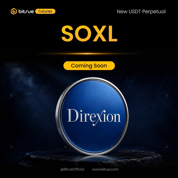 Bitrue Futures announces the upcoming SOXL USDT Perpetual listing, featuring a Direxion-branded coin emblem to highlight the leveraged exposure to Direxion's 3X semiconductor ETF tied to the AI sector boom.