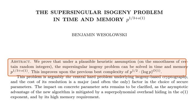 The abstract page from an academic paper titled "THE SUPERSINGULAR ISOGENY PROBLEM IN TIME AND MEMORY p^(1/3+o(1))" by Benjamin Wesolowski, with a key claim about complexity improvements highlighted in an orange box.