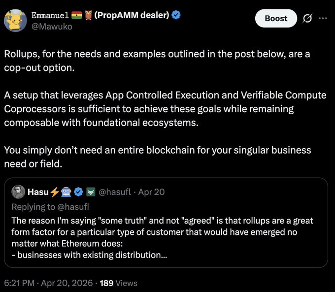 A Twitter/X post by Emmanuel (@Mawuko) arguing that rollups are a 'cop-out option' and that App Controlled Execution with Verifiable Compute Coprocessors is sufficient, quoting Hasu's tweet about rollups suiting businesses with existing distribution.