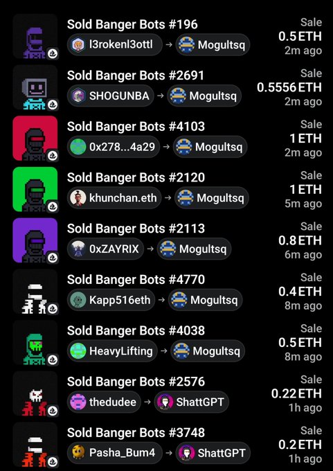 A list of recent Banger Bots NFT sales on OpenSea showing various bots (like #196, #2691, #4103, #2120, #2113) sold to "Mogultsq" at prices ranging from 0.4 ETH to 1 ETH within the last 2-6 minutes. The image supports the post's claim about rare bots being sniped at 1 ETH, as the #4103 and #2120 bots each sold for exactly 1 ETH, likely representing high-value acquisitions pushing prices higher.