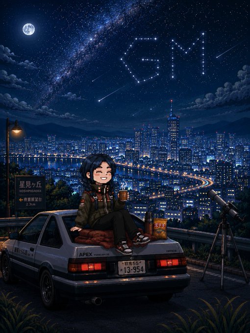 Anime-style digital artwork of a character sitting on a Toyota AE86 (APEX Trueno) at night, drinking coffee and stargazing at the 'GM' constellation over a city skyline.