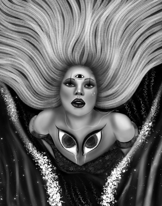 A black-and-white surreal illustration of a woman with flowing hair, a third eye, and a heart-shaped chest opening.