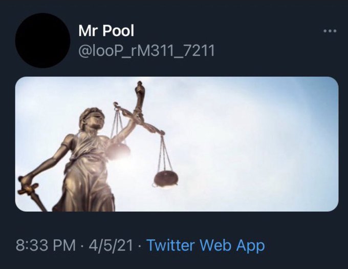 A Twitter post from "Mr Pool" (@looP_rM311_7211) dated 4/5/21 at 8:33 PM features an image of Lady Justice holding her scales and sword against a bright sky, accompanying a message about regulatory clarity and XRP, symbolizing the weighing of justice in the crypto space.
