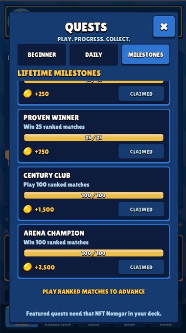 A mobile game quest menu titled 'QUESTS' showing the 'Milestones' tab with completed lifetime achievements like 'Proven Winner' and 'Arena Champion,' each marked as 'Claimed.'