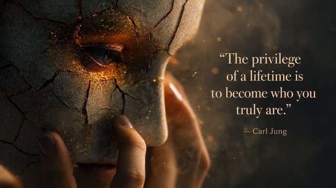 A surreal image showing a cracked, mask-like face with a glowing golden eye and a hand touching it, accompanied by the quote "The privilege of a lifetime is to become who you truly are." — Carl Jung.