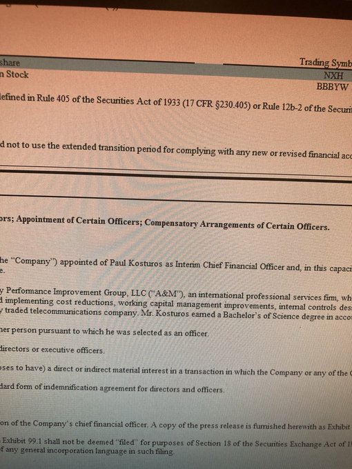 A close-up image of a Form 8-K SEC filing page showing the appointment of Paul Kosturos as Interim Chief Financial Officer of NXH (with Trading Symbol BBBYW), alongside disclosures regarding indemnification agreements and the company's change in CFO, supporting the post's announcement of CFO Brian LaRose's resignation.