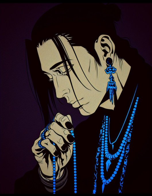 A stylized illustration shows a man with long dark hair in a bun, wearing a black outfit and blue beaded jewelry, including a prominent earring.