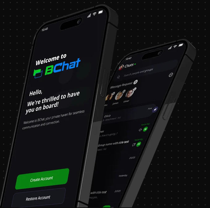 Two smartphones display the BChat app by Beldex, with one showing a "Welcome to BChat" onboarding screen and the other displaying the chats interface with message requests and group conversations. The image visually reinforces the post's message about BChat's decentralized architecture by showcasing the app's clean, privacy-focused UI that operates without relying on traditional phone numbers, emails, or centralized servers.