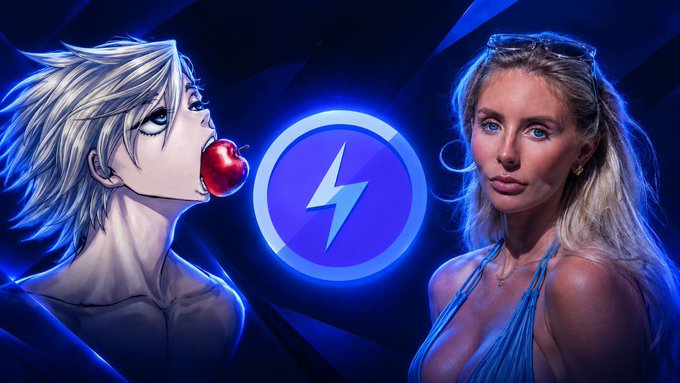 A stylized digital artwork featuring an anime character biting a red apple on the left and a blonde woman in a blue dress on the right, separated by a blue and white lightning bolt logo in the center against a dark blue background.