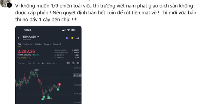 The image shows a screenshot of an Ethereum (ETH/USDT) trading chart on what appears to be Binance, displaying a current price of 2,293.26 USDT with a +18.25% gain and a 24-hour low of 1,845.91. The Vietnamese caption translates to a frustrated message about selling all crypto holdings to cash due to Vietnam's crackdown on unlicensed exchanges, only to watch prices surge afterward. This perfectly illustrates the post's theme of regret, as the chart shows the coin is now rising significantly after his exit.