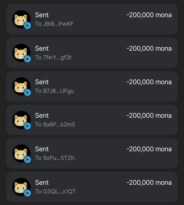 The image displays six "Sent" transactions on Solana, each showing a transfer of -200,000 MONA tokens to different wallet addresses, visually supporting the post's claim of a "$MONA airdrop" being distributed to participants.
