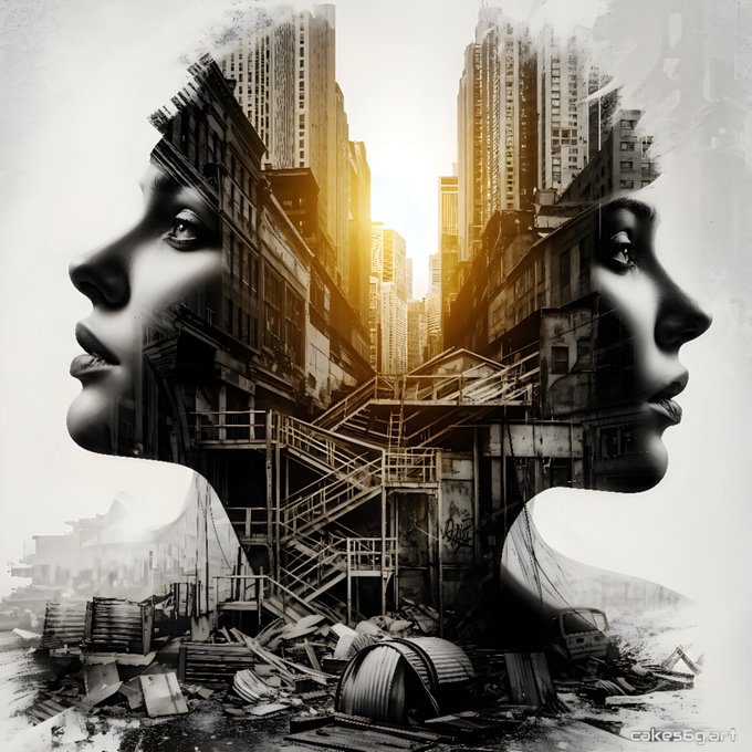 A double-exposure digital artwork depicts two faces in profile filled with images of urban cityscapes, scaffolding, and debris in black and gold tones, signed 'cakes6art'.