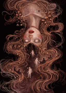 A dark, surreal digital illustration featuring an upside-down pale figure with flowing reddish hair and closed eyes, with small ghostly white figures descending from her mouth.
